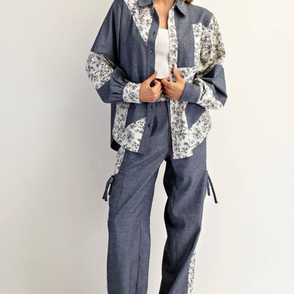 Color Block Button Down Denim Shirt - Picture 2 of 4